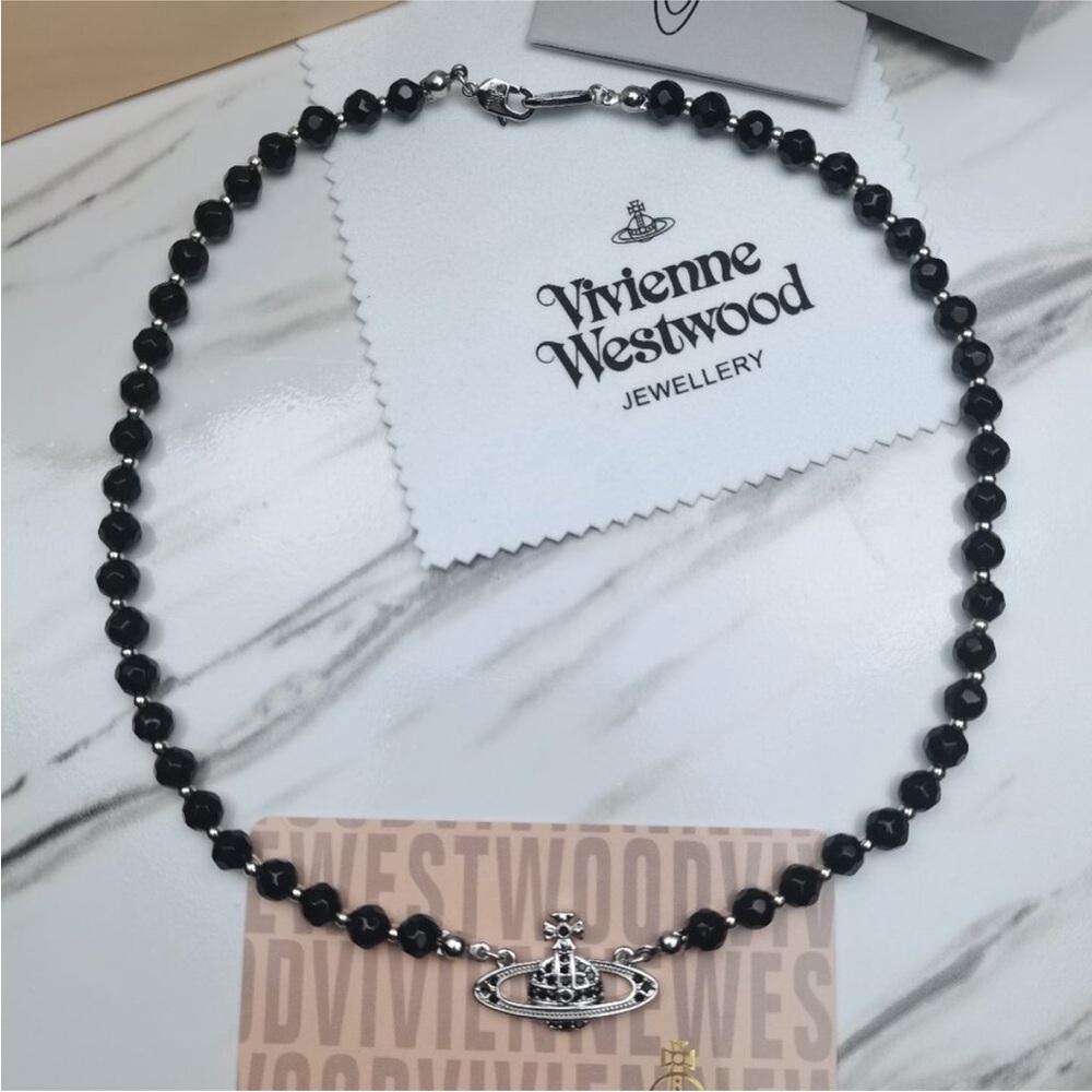 Vivienne Westwood Black Beaded Necklace with Silver Orb